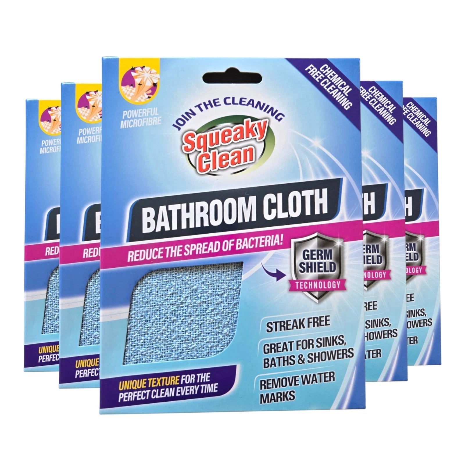 6 x Squeaky Clean Microfibre Bathroom Cloth 6 Pack Germ Shield Blue Streak Free  Nextin Products
